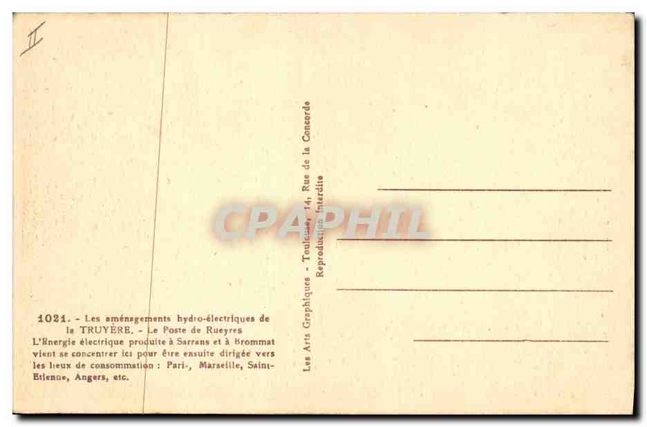 CPA Electricite Les amenagements hydro electriques de La Truyere Le Poste de Rueyres — Rückseite