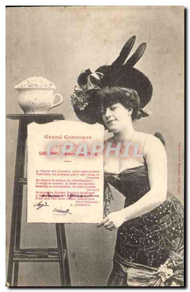 Femme en chapeau de lapin — publicité pour un concours — éditeur A. BERNARD & Cie, Nancy