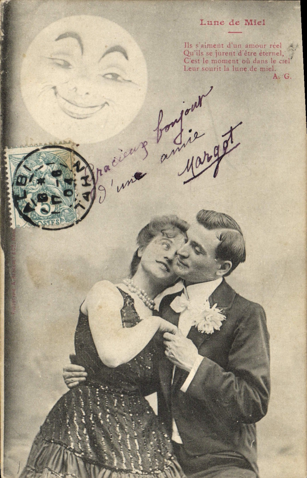 Lune de Miel — couple amoureux sous une lune souriante — éditeur A.G.