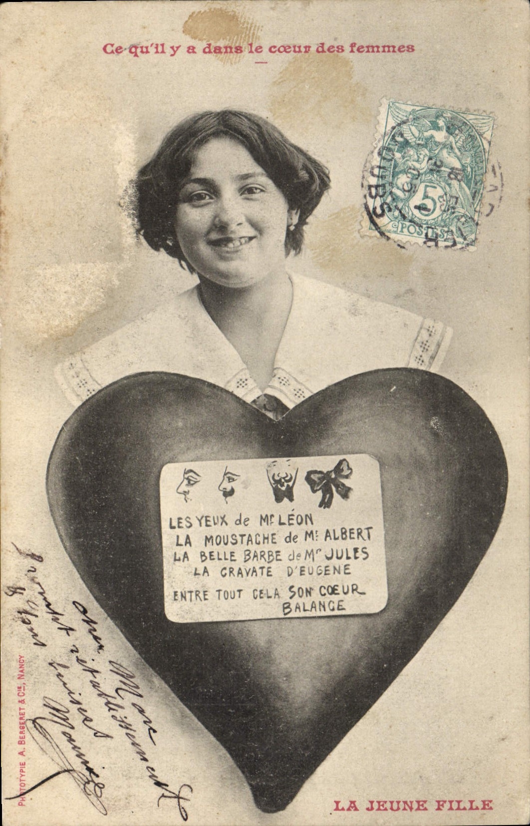 Jeune fille — avec cœur — Phototype A. Bergeret & Cie, Nancy — n° de série non visible