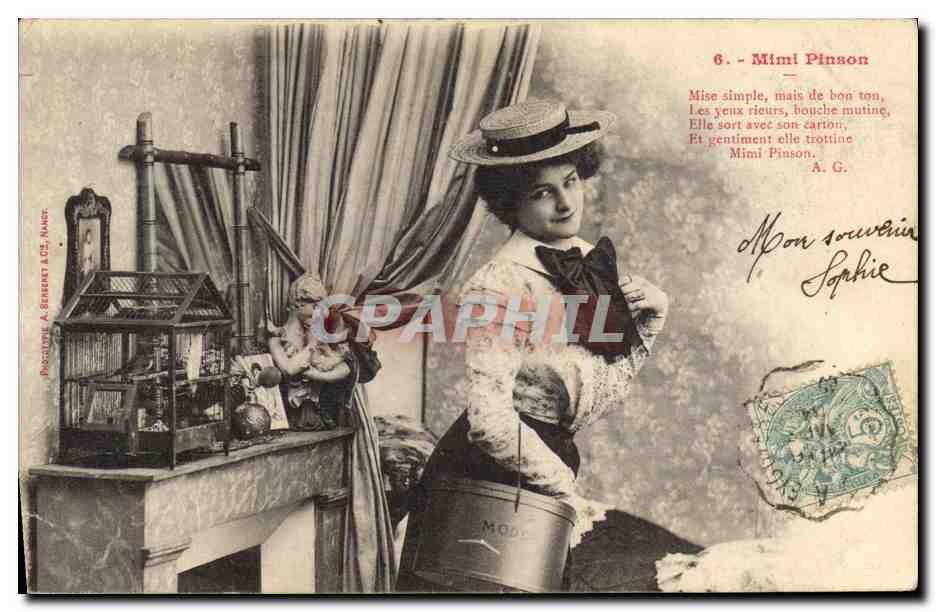 Mimi Pinson — Portrait de femme souriante avec oiseau — Phototypie A. Serment & Cie, Nantes
