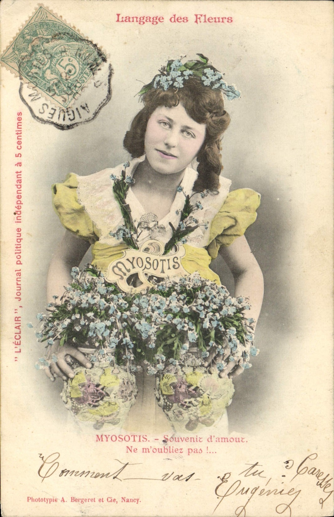 Cartolina d'epoca Fantasia Donna Linguaggio delle fiori Myosotis