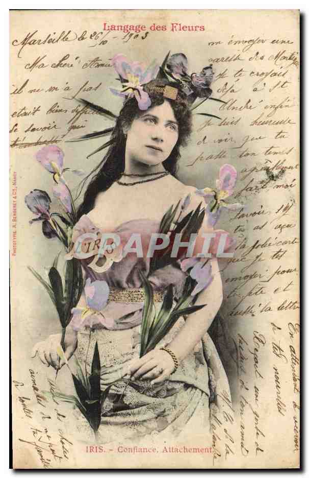 Femme avec iris — Langage des Fleurs — Phototypie A. Bérenger, C.C. Naker