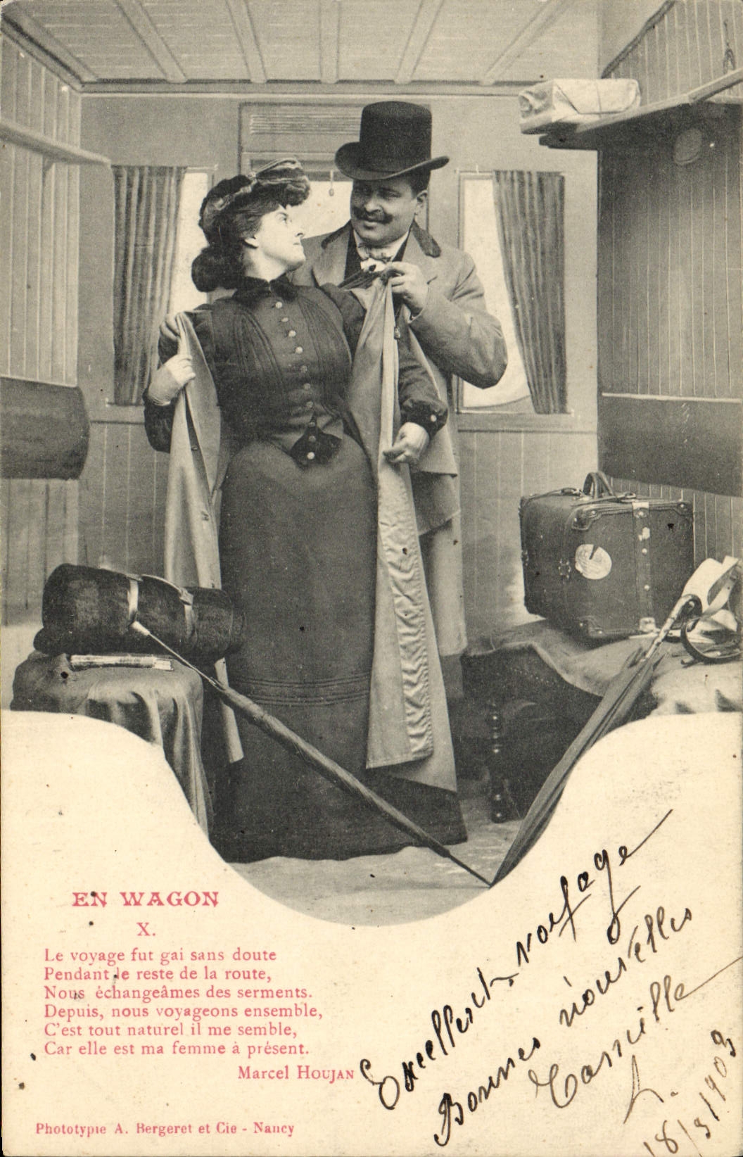 En wagon — scène de voyage — Phototypie A. Bergeret et Cie - Nancy, n° X