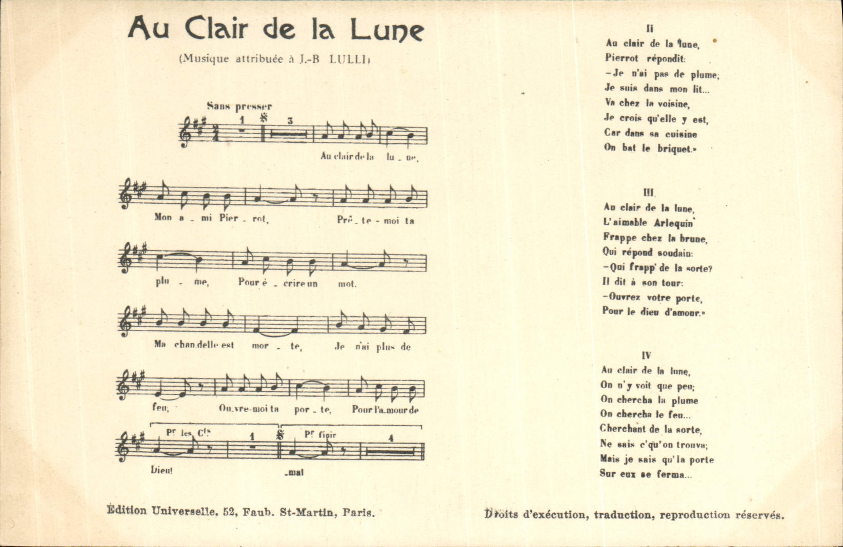 Au Clair de la Lune — Musique attribuée à J.-B. Lulli — Édition Universelle, 52, Faub. St-Martin, Paris