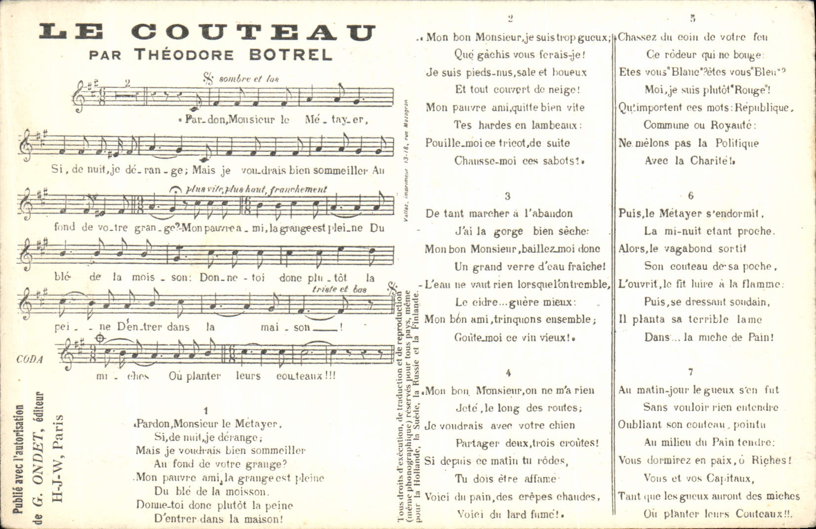 Le Couteau — Poème de Théodore Botrel — Publié par G. On det, Paris