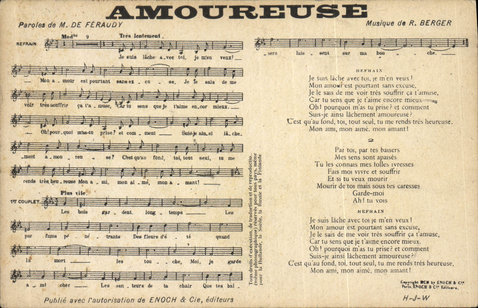 Chanson Amoureuse — Paroles de M. de Féraudy, Musique de R. Berger — Éditée par Enoch & Cie