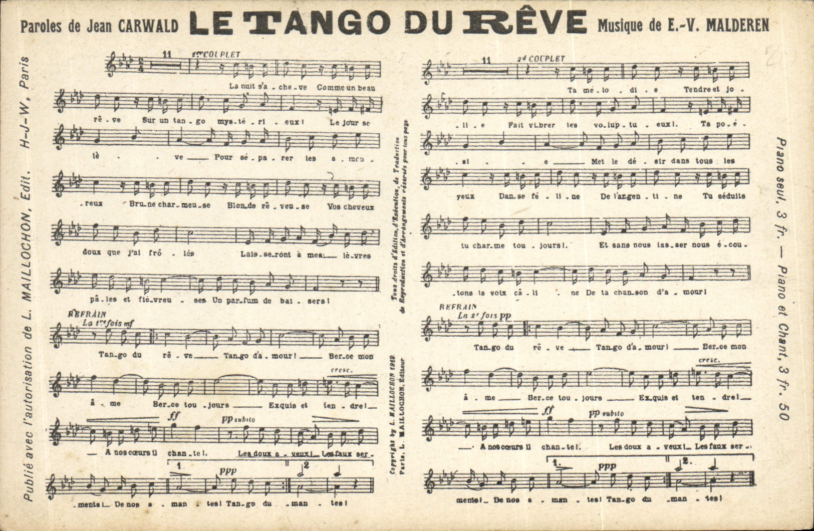Le Tango du Rêve — paroles de Jean Carwald, musique de E.-V. Malderen — éditeur L. Maillochon