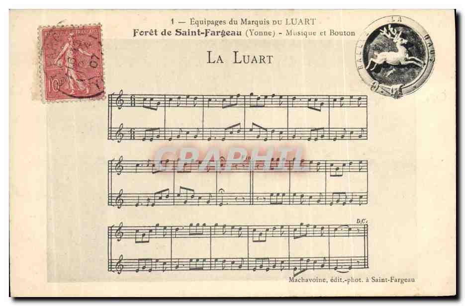 CPA La Luart Biche Equipages du marquis de Luart Foret de Saint Fargeau Musique et bouton 