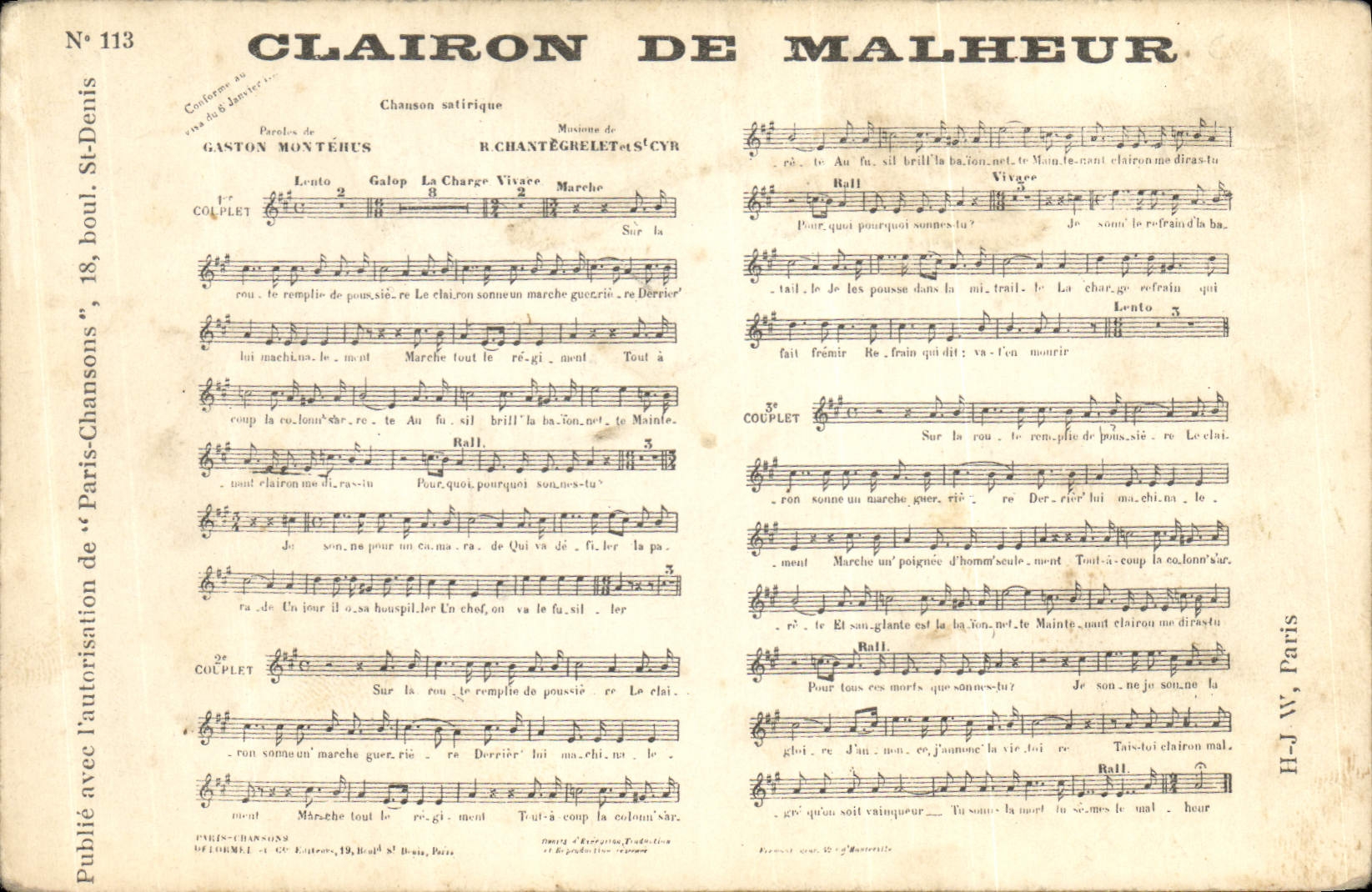 Clairon de Malheur — Chanson satirique — H-J W, Paris, n°113 - Anverso