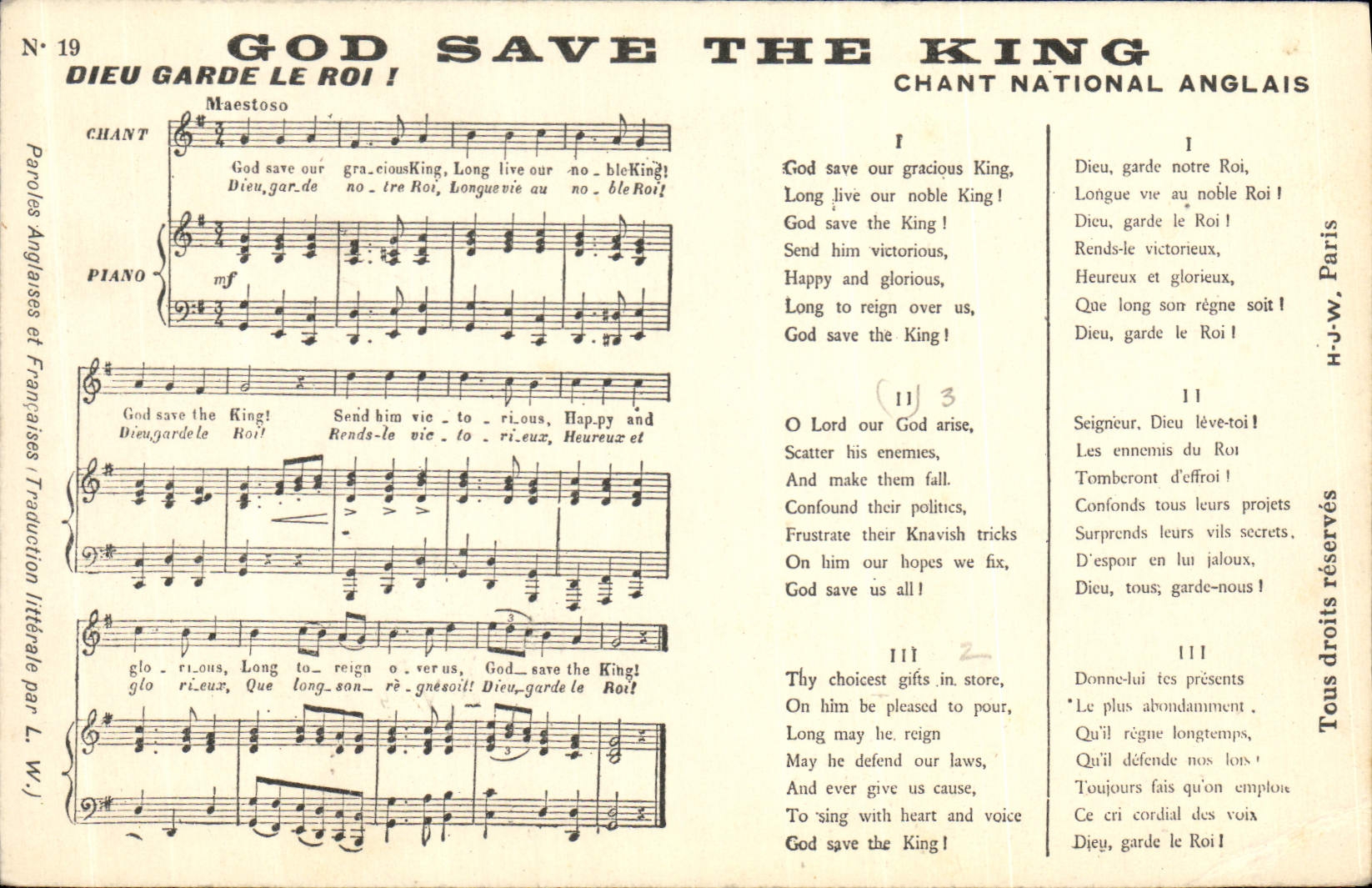 Chant national anglais — Dieu garde le Roi ! — H.-W. Paris, N° 19