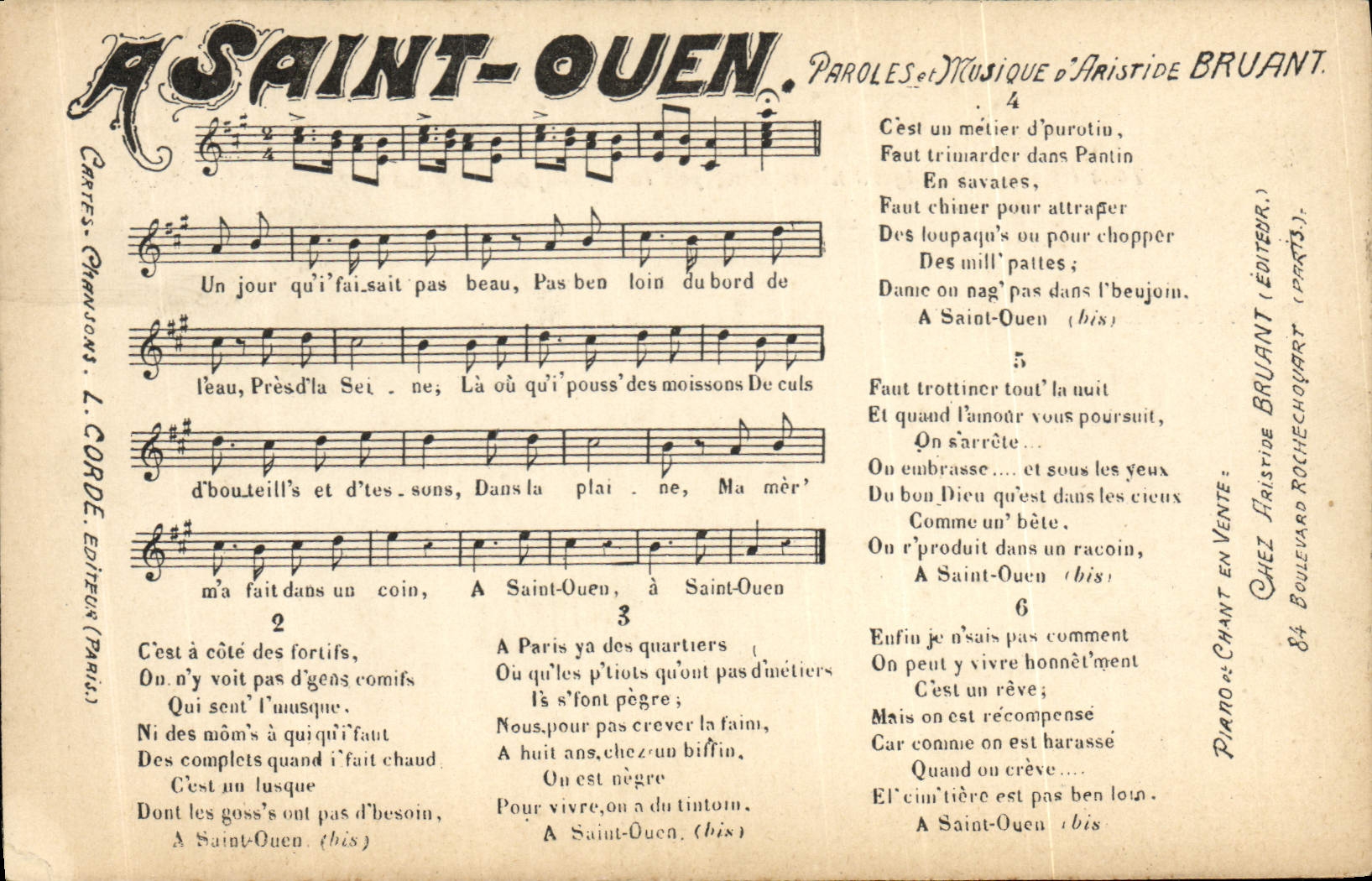 A Saint-Ouen — Chanson de Aristide Bruant — Éditeur L. Corde (Paris)