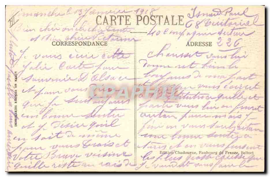 CPA Folklore Alsace Type d'Alsacienne — Verso