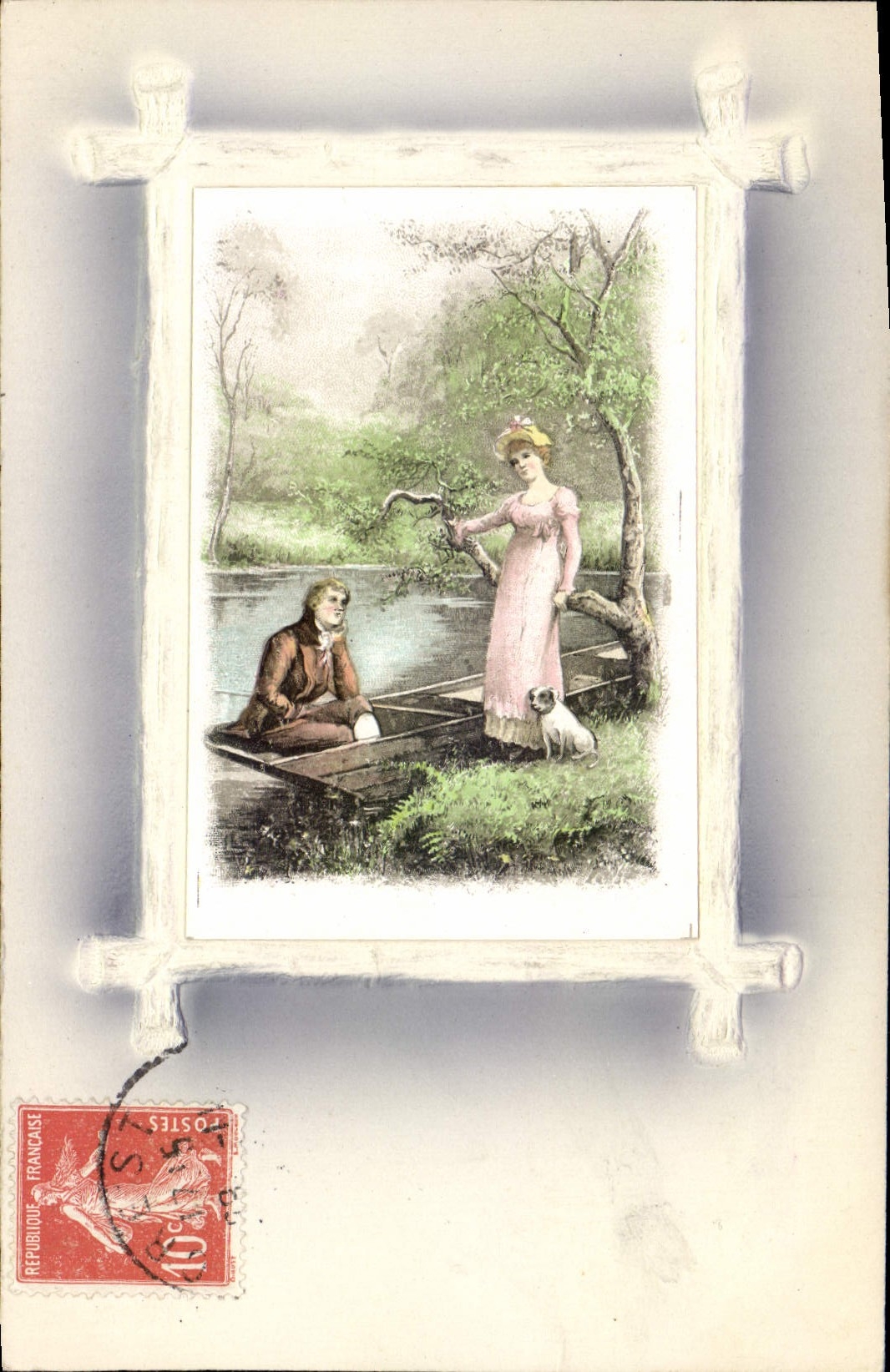 Scène de rivière — couple et chien — éditeur non visible