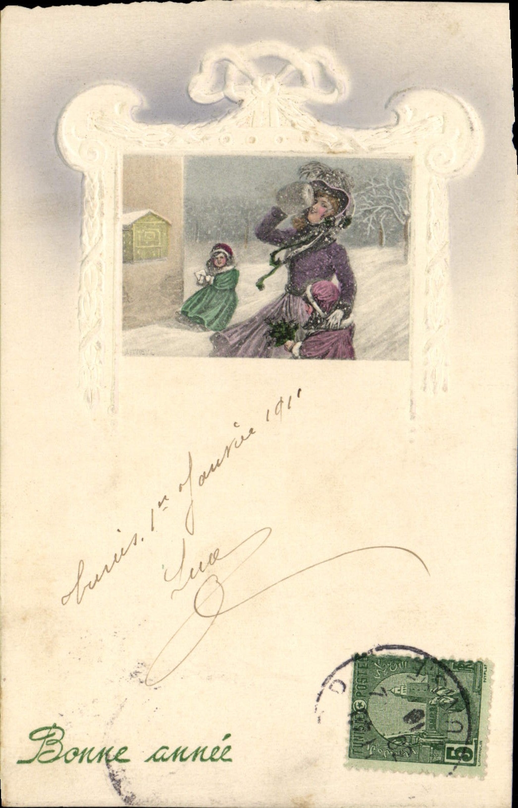 Scène hivernale — femme et enfant dans la neige — éditeur V. K., Vienne, n° 5118
