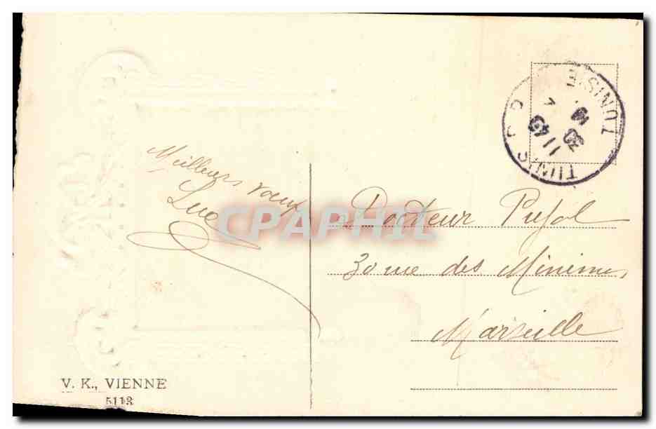 Scène hivernale — femme et enfant dans la neige — éditeur V. K., Vienne, n° 5118 — Reverso