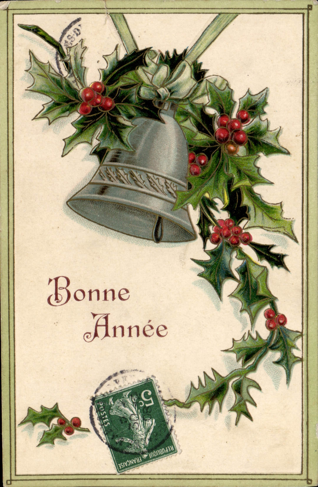 Bonne Année — cloche et houx — éditeur non visible