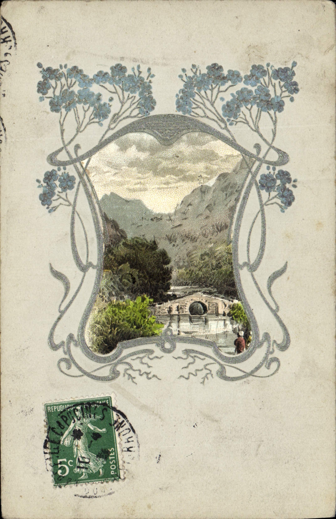Paysage montagneux — vue encadrée Art Nouveau — éditeur inconnu