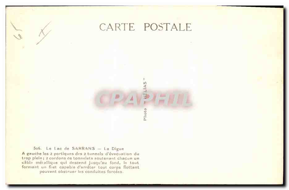 CPA Electricite Le lac de Sarrans La digue — Verso