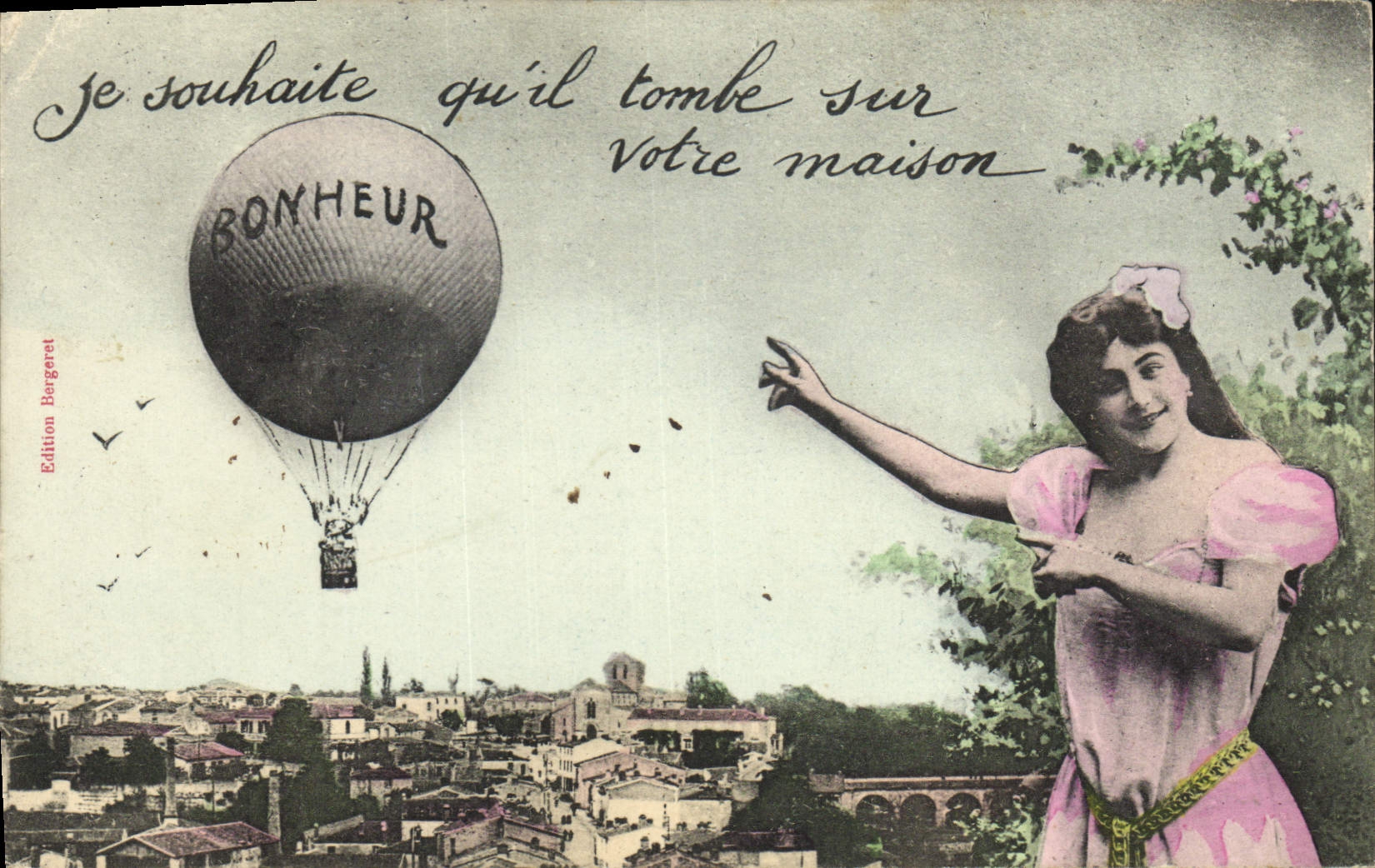 Ballon à air chaud portant 'BONHEUR' — jeune femme en robe rose — Edition Bergeret