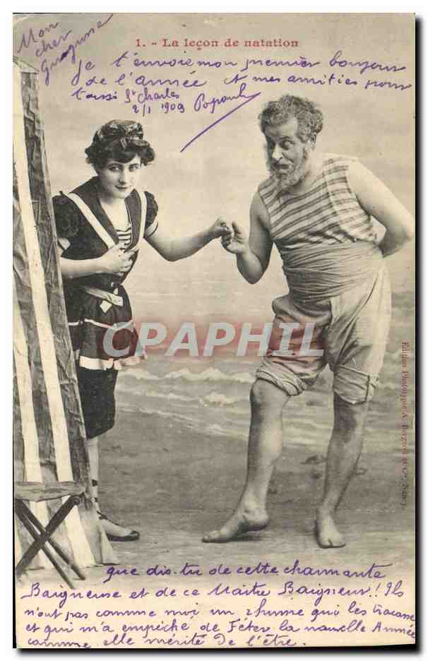 Leçon de natation — scène de plage — éditeur : Éditions Léon Béchard, n°1