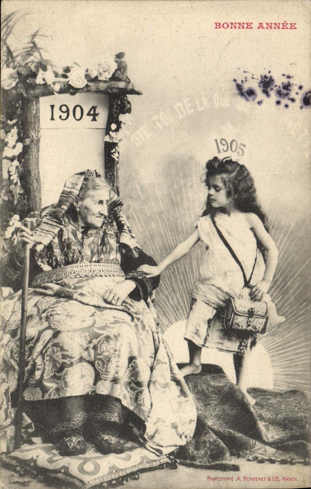Ancêtre et enfant — Nouvel An 1905 — Phototypie A. Bergeret & Cie, Nancy