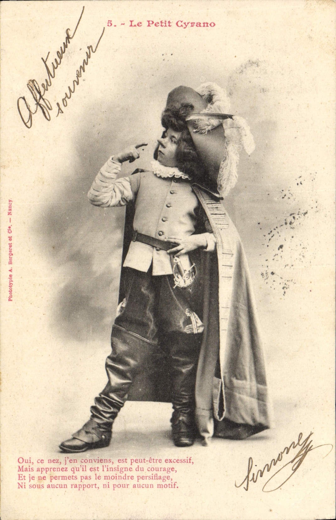 Le Petit Cyrano — scène de théâtre — Phototypie A. Bergret et Cie, Nancy