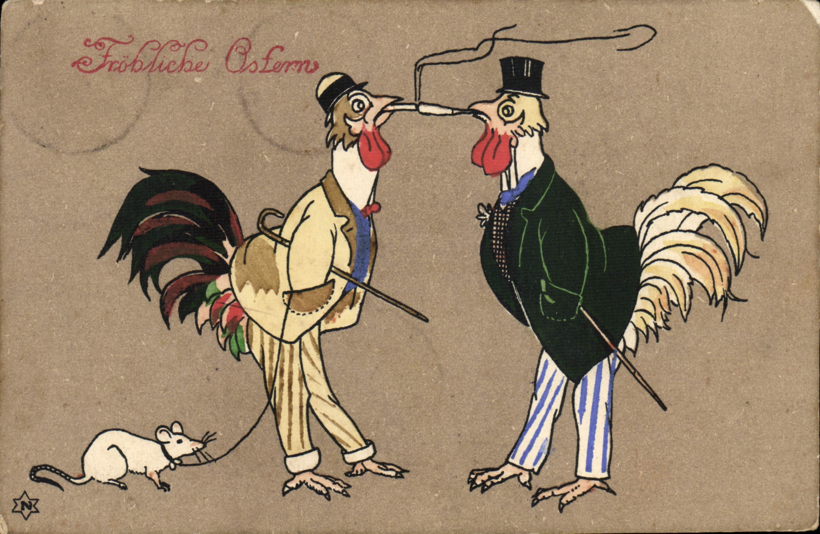 Deux coqs en costume — scène humoristique — éditeur NK