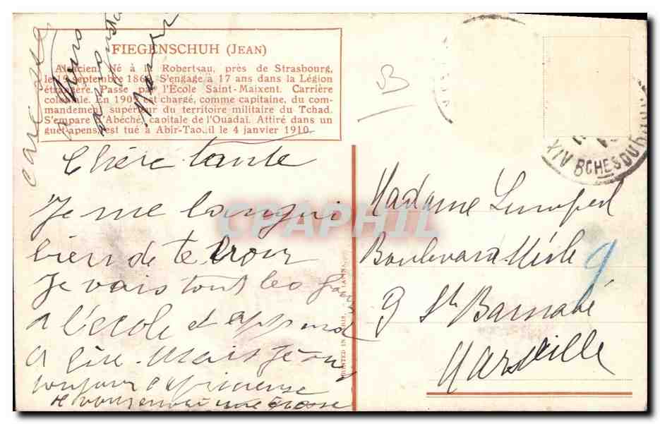 CPA Militaria Fiegenschuh Alsacien  — Verso