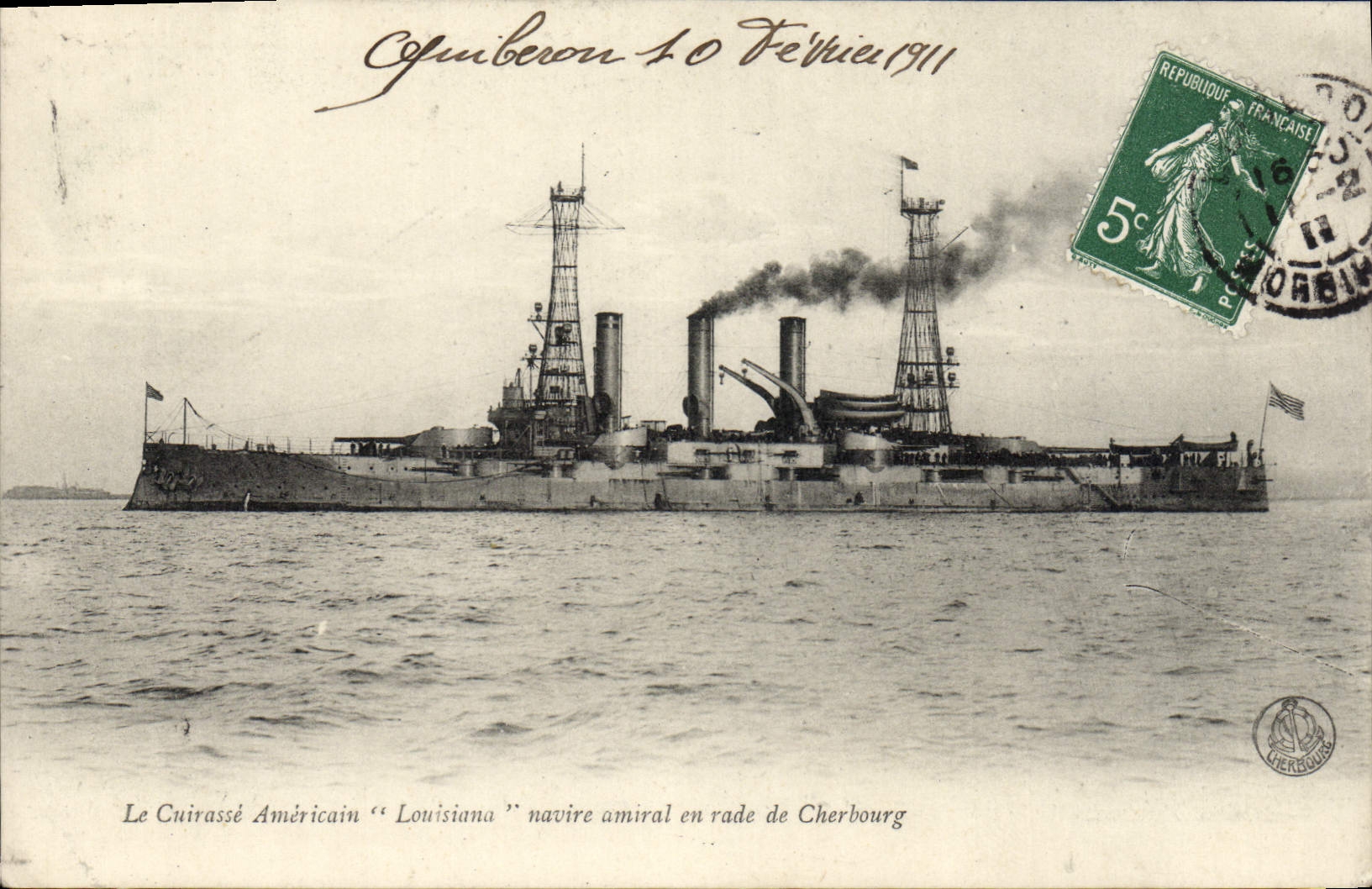 Il Cacciatorpediniere Americano "Louisiana" nave ammiraglia in rada di Cherbourg — fotografia — editore sconosciuto