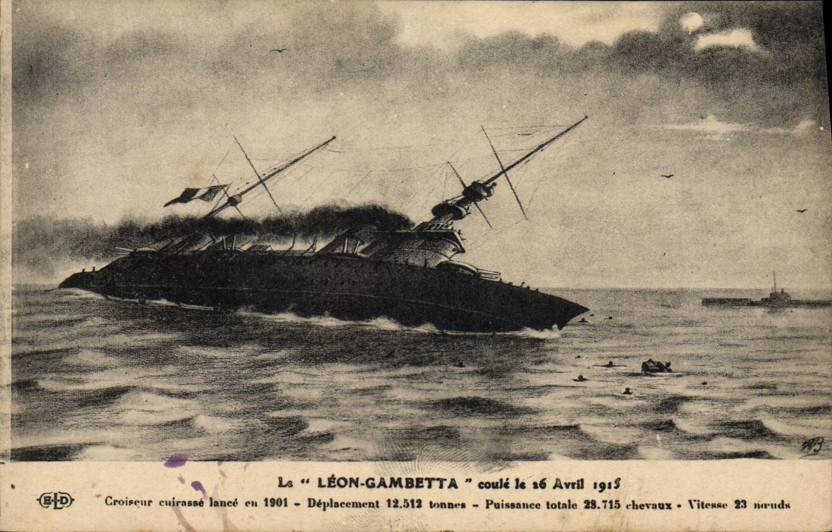 CPA Bateau Le Leon Gambetta coule le 26 avril 1915 