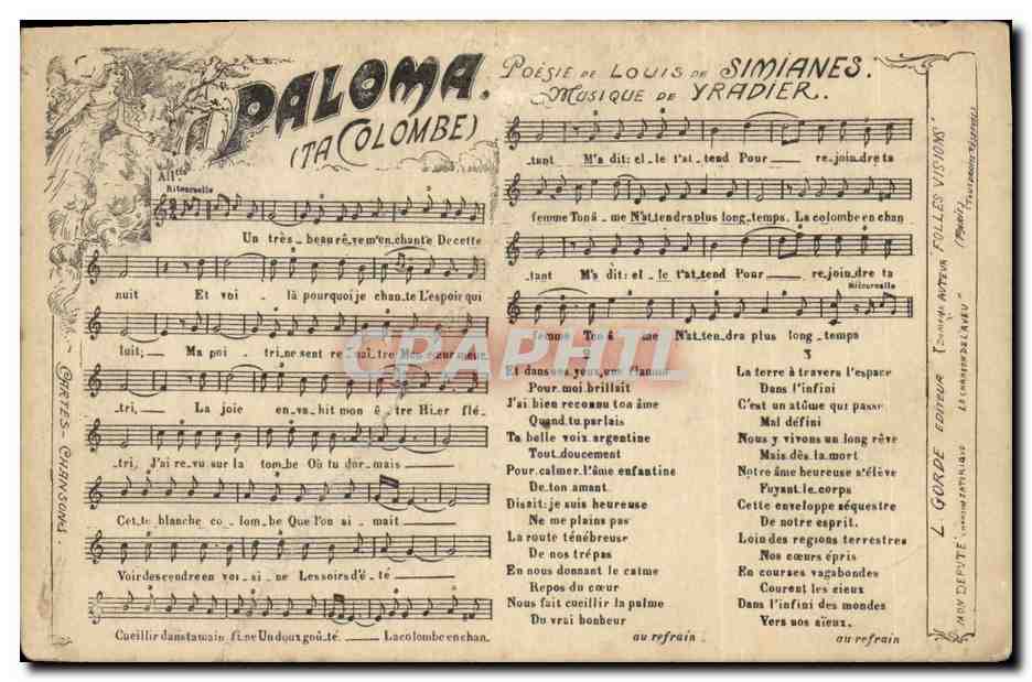 Paloma (La Colombe) — Poésie de Louis de Simianes, Musique de Yradier — Éditeur L. Gourde, Paris