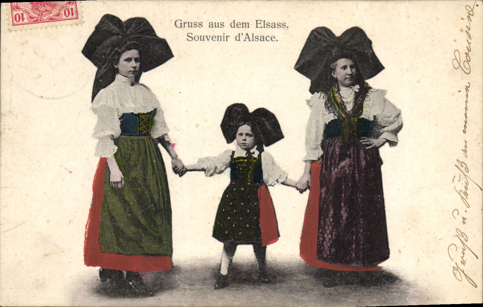 Deux femmes et une enfant en costume alsacien — Gruss aus dem Elsass. Souvenir d'Alsace. — éditeur non visible - Anverso