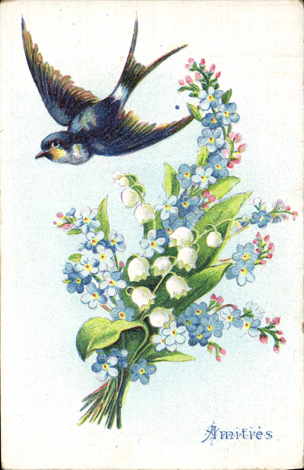 CPA Fantaisie Fleurs Muguet Hirondelle