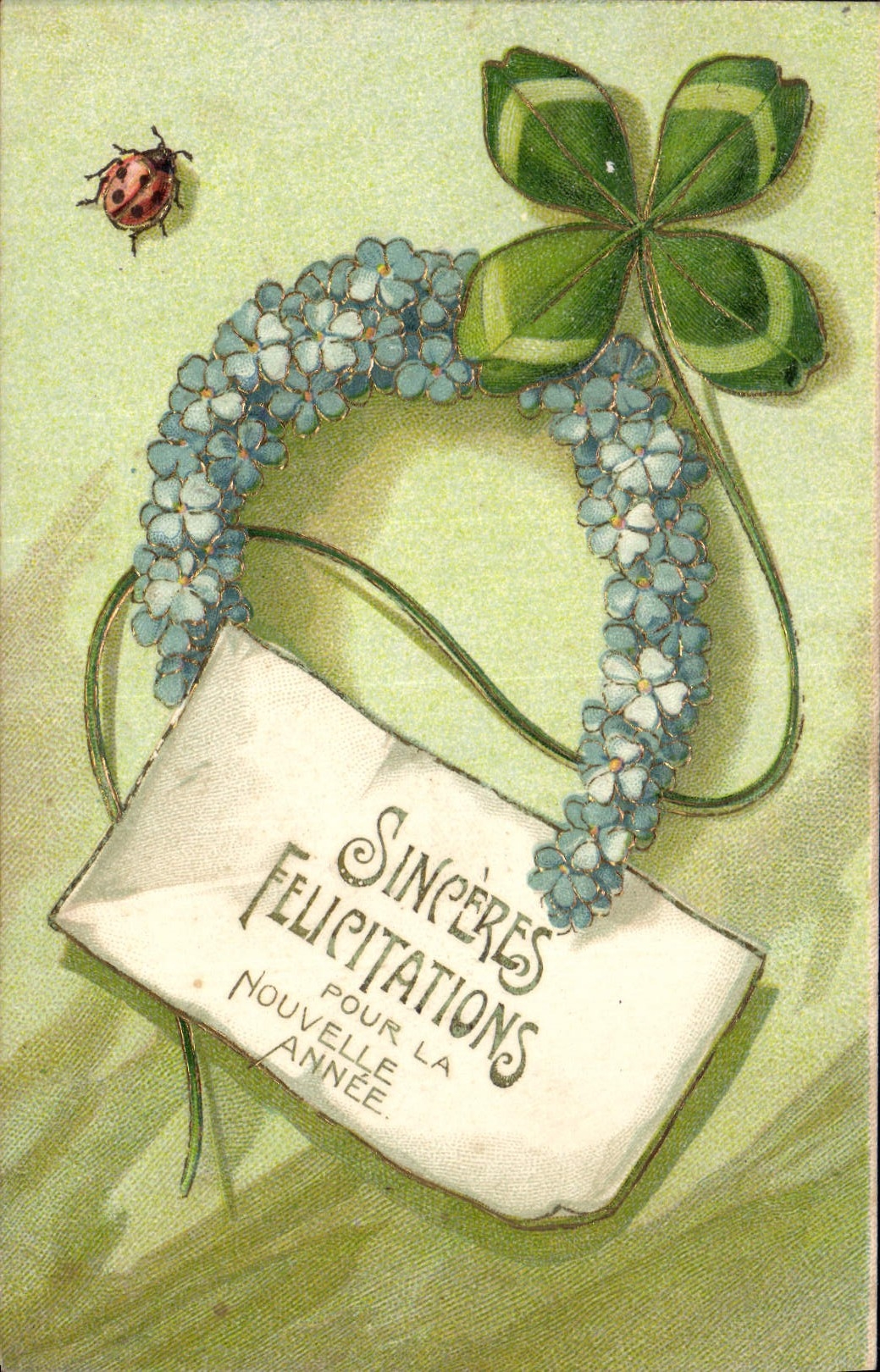 Fleurs et coccinelle — Félicitations pour la nouvelle année — Carte postale universelle