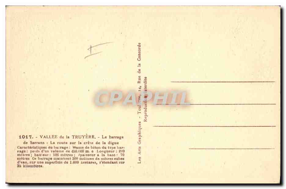 CPA Electricite Vallee de la Truyere le barrage de Sarrans La route sur la crete de la digue — Verso