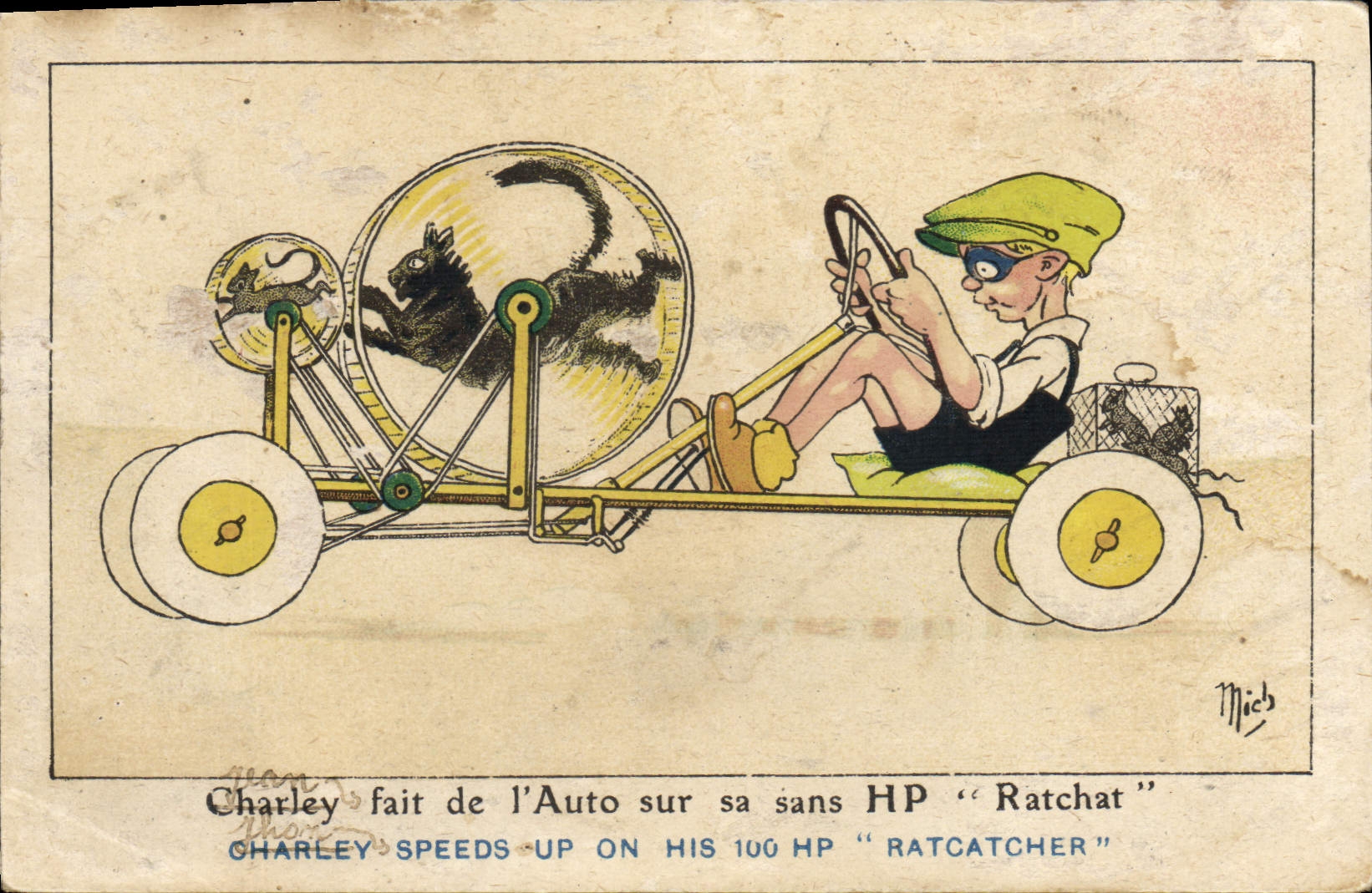 CPA Fantaisie Illustrateur Mich Charley fait de l'auto sur sa sans HP Ratchat Chat
