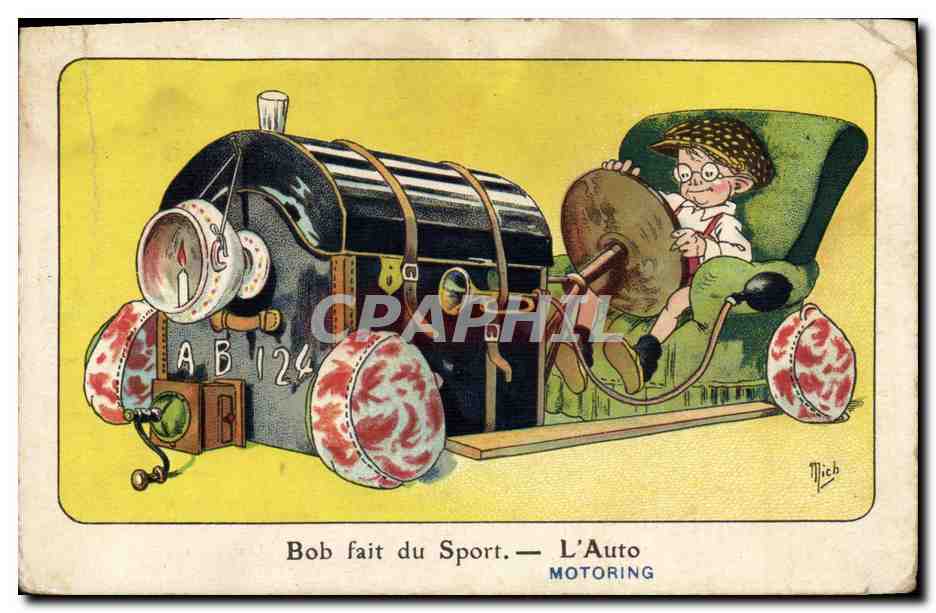 CPA Fantaisie Illustrateur Mich Bob fait du sport L'auto Automobile
