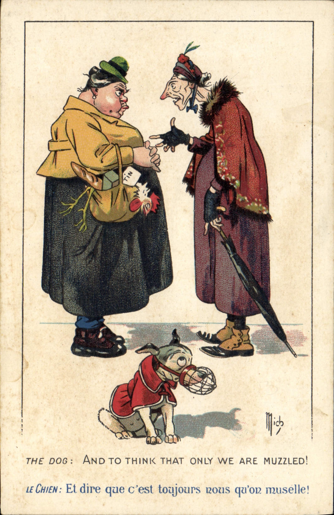 Deux femmes et un chien muselé — caricature humoristique — Éditions SID, n°5 de la série 'A Travers l'Humour'