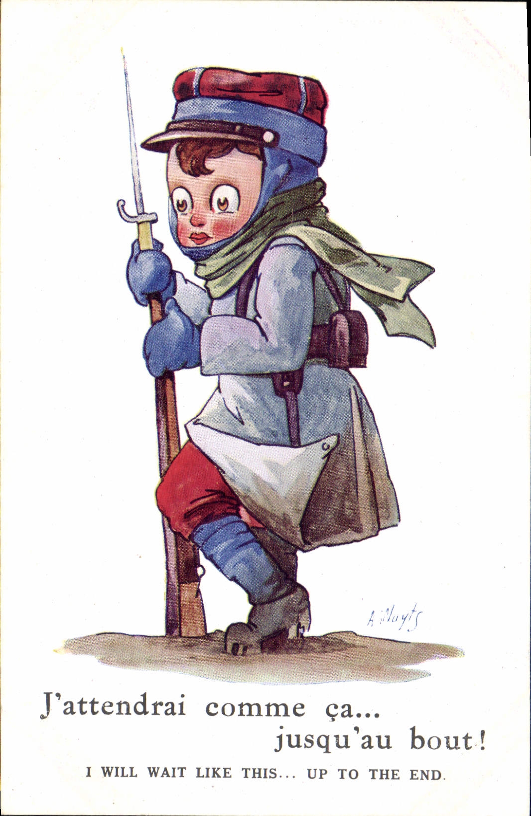 CPA Fantaisie Illustrateur Enfant Militaria J'attendrai comme ca jusqu'au bout