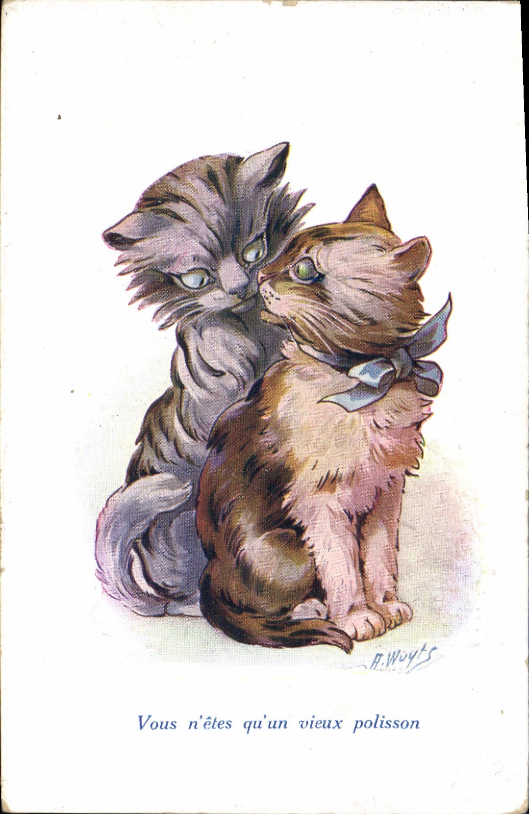 Deux chatons — un gris et un roux avec nœud — dessin de P. Woyts — série 464