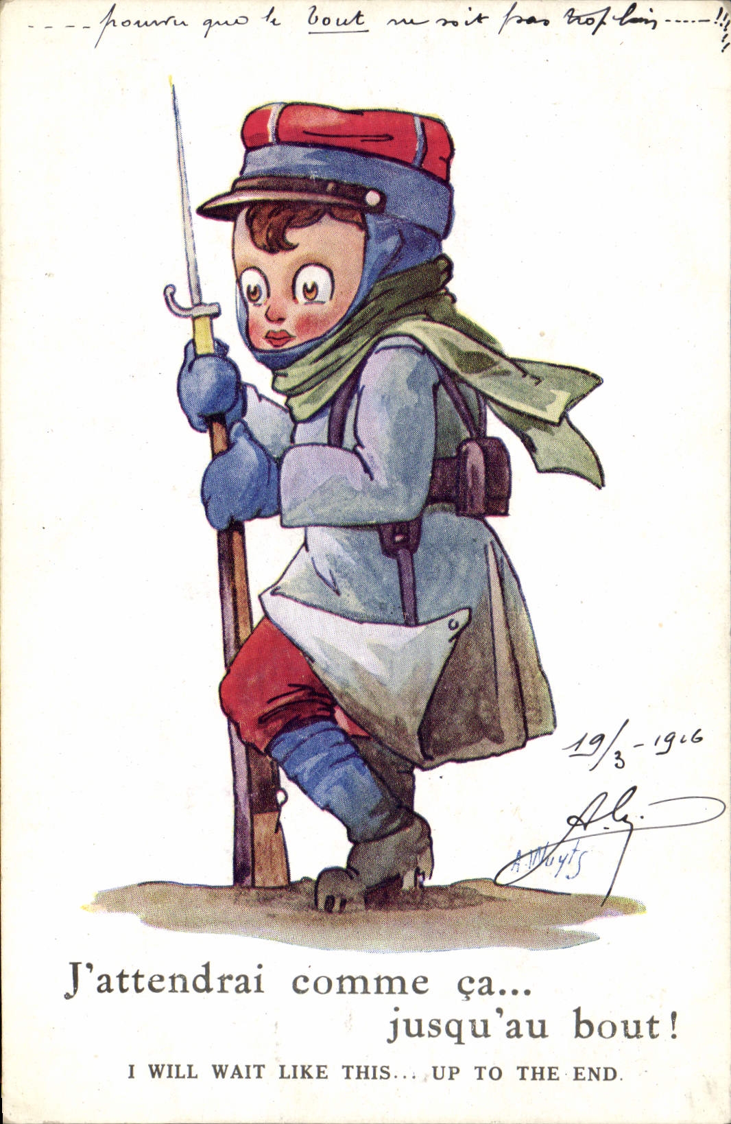 CPA Fantaisie Illustrateur Enfant Militaria J'attendrai comme ca jusqu'au bout