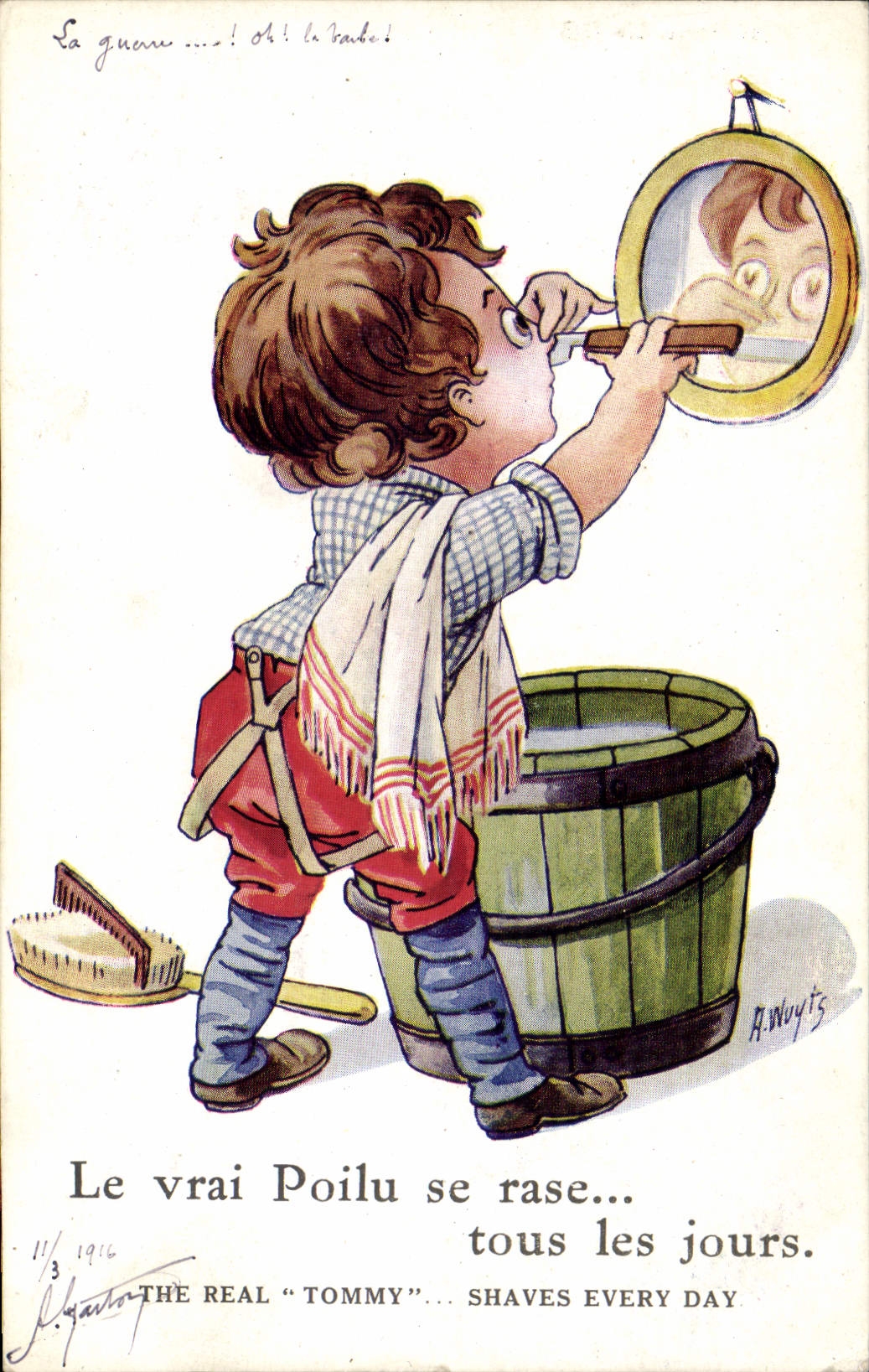 Enfant coiffé d'un béret rouge — caricature de Poilu — éditeur A. Wuyts, n° 11/3 1916