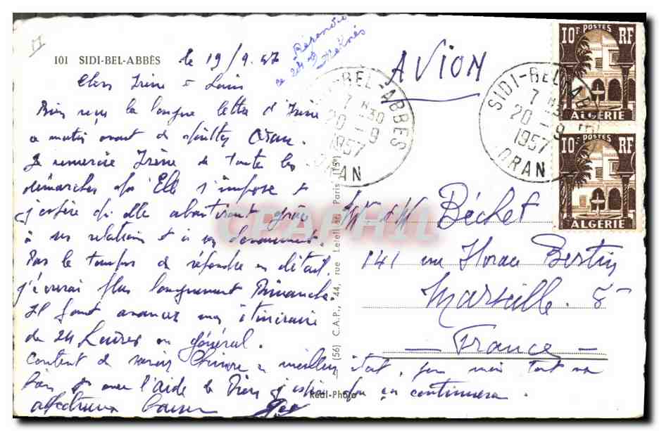 CPM Militaria Sidi Bel Abbes La place Clemenceau Monument aux morts de la Legion Le theatre Legion etrangere — Rückseite