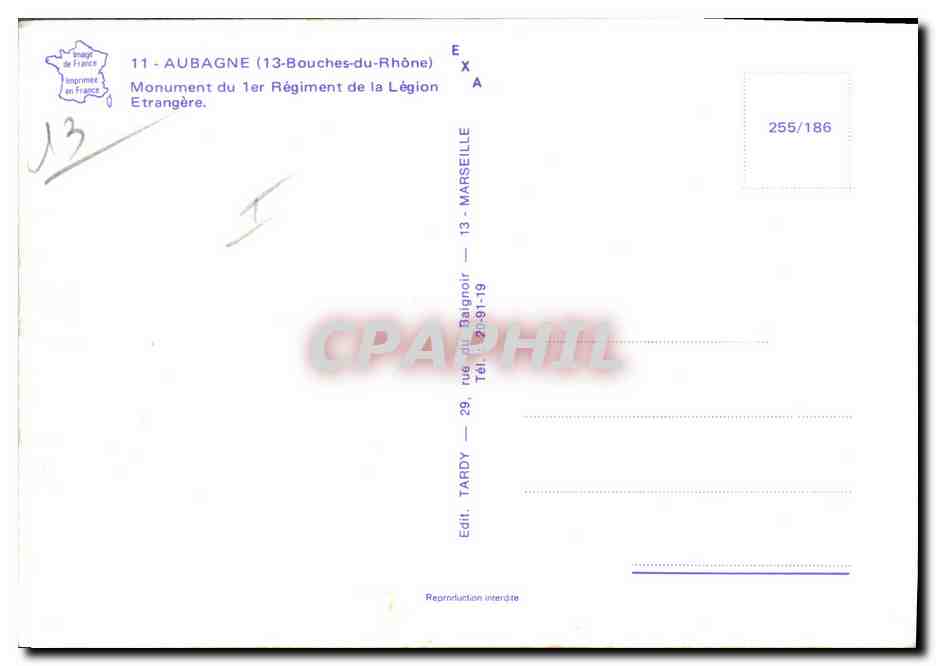 CPM Militaria Aubagne Monument du 1er regiment de la Legion Etrangere  — Verso