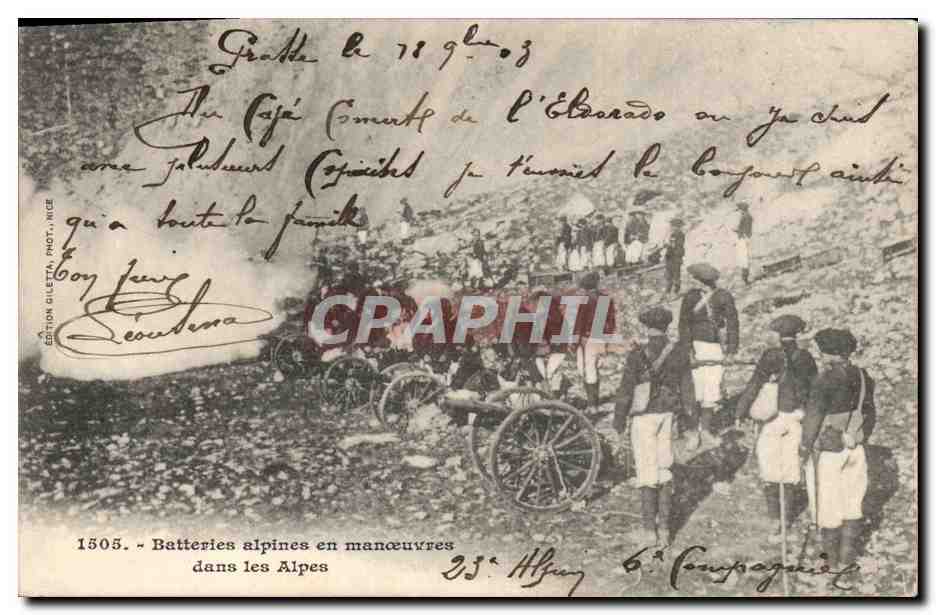 Batteries alpines en manœuvres dans les Alpes — Édition Giletta, Nice, n° 1505