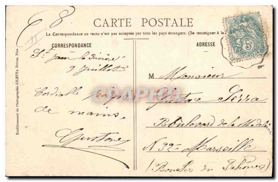 Forêt du Tournaliet — Un coin des Baraquements Alpins (Alp.-Mar.) — Édition Giletta, phot., Nice, n° 1522 — Verso