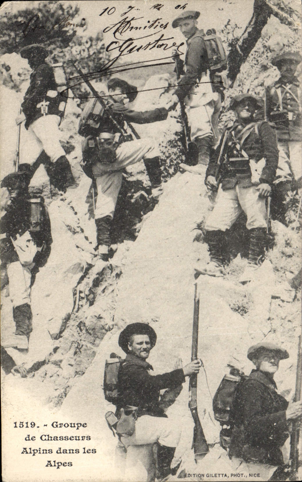 Groupe de Chasseurs Alpins dans les Alpes — Édition Giletta, Phot., Nice — n° 1519