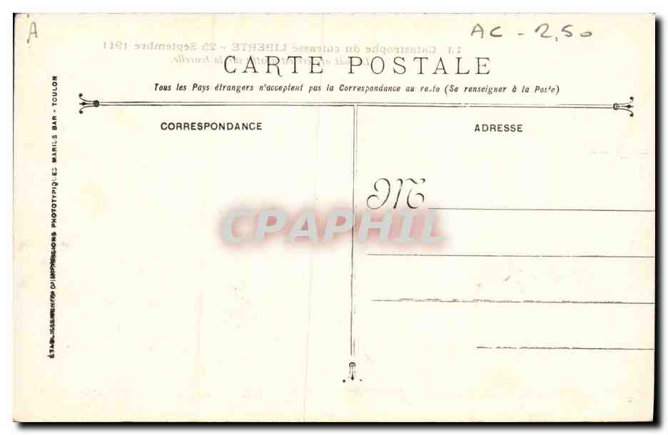 Catastrophe du cuirassé LIBERTE — 25 Septembre 1911 — Établissements d’Impressions Phototypiques MARILS BAR - TOULON — Reverso