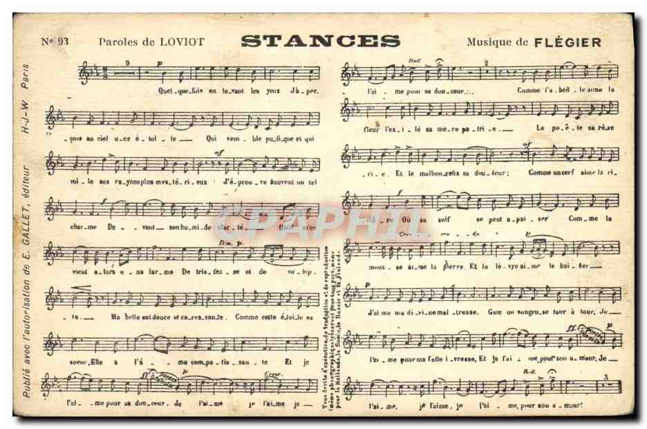 Stances — paroles de Loviot, musique de Flégier — éditeur H.-J.-W. Gallet, Paris, n°93